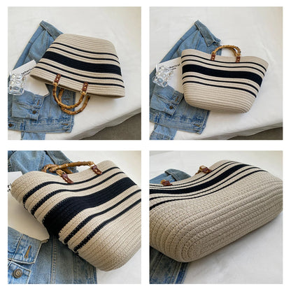 Women's Woven Bag with Bamboo Handle – Large Capacity, Striped, Ideal for Beach and Holidays