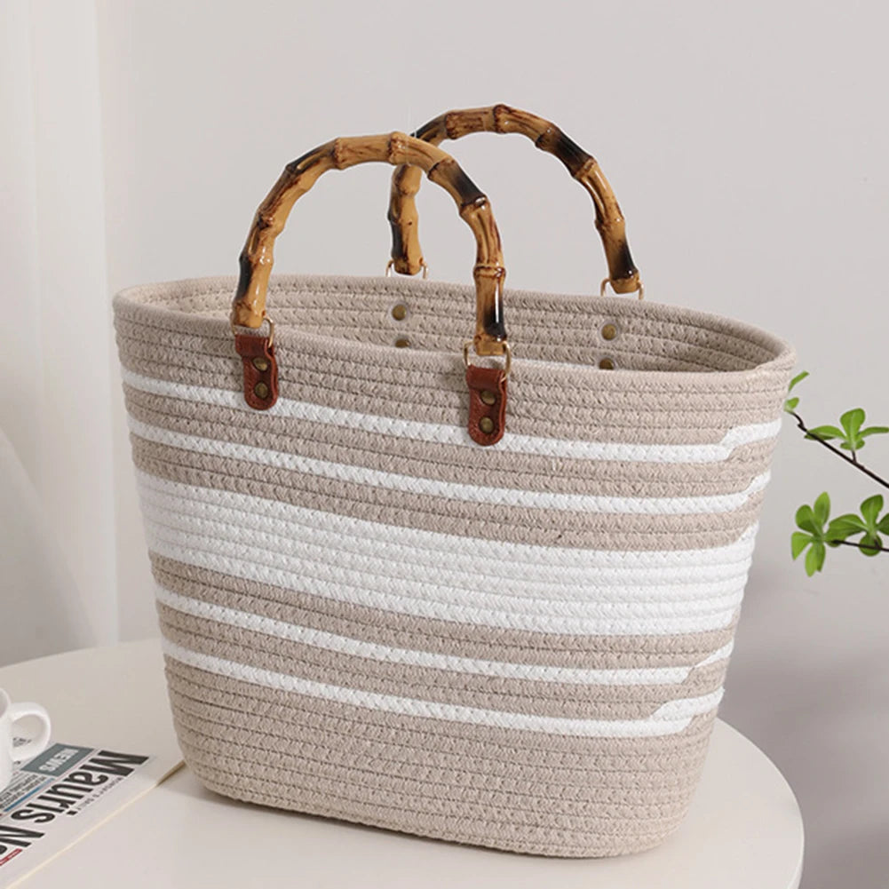 Women's Woven Bag with Bamboo Handle – Large Capacity, Striped, Ideal for Beach and Holidays