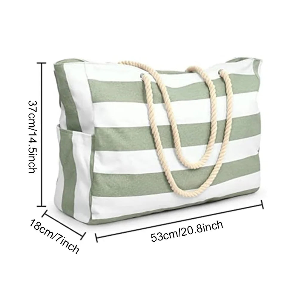 Grand Sac de Plage Rayé Impérméable – Tote Bag Zippé pour Femme, Piscine et Voyage
