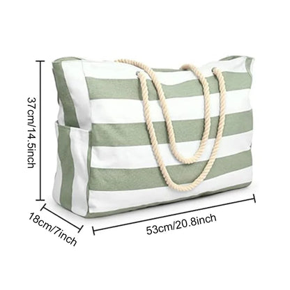 Grand Sac de Plage Rayé Impérméable – Tote Bag Zippé pour Femme, Piscine et Voyage