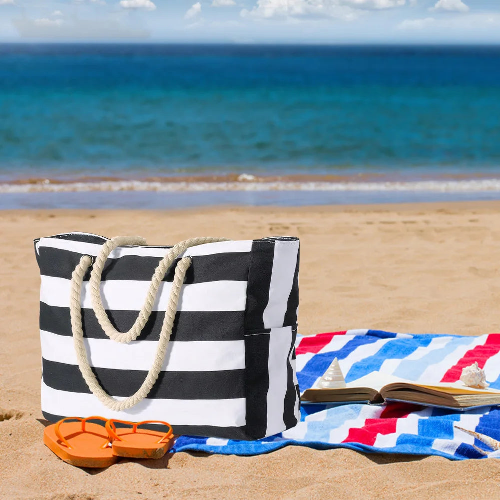 Grand Sac de Plage Rayé Impérméable – Tote Bag Zippé pour Femme, Piscine et Voyage
