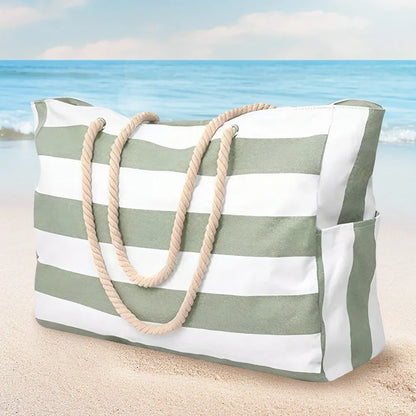 Grand Sac de Plage Rayé Impérméable – Tote Bag Zippé pour Femme, Piscine et Voyage