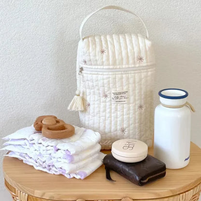 Quilted & Embroidered Diaper Organizer – Stroller Caddy Bag for Mom | Baby Storage | Zipper Closure