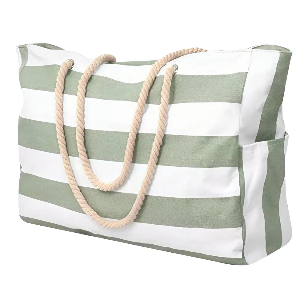 Grand Sac de Plage Rayé Impérméable – Tote Bag Zippé pour Femme, Piscine et Voyage