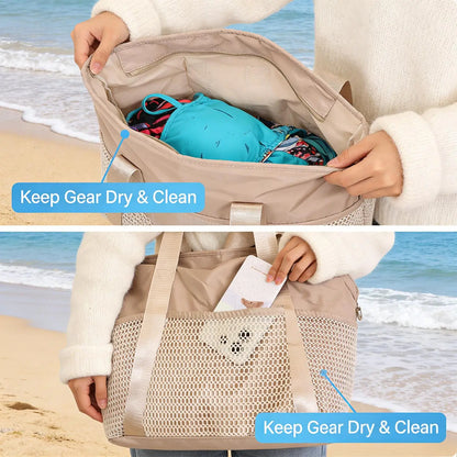 Women's Large Capacity Beach Bag - Waterproof, Wet/Dry Compartment, Foldable