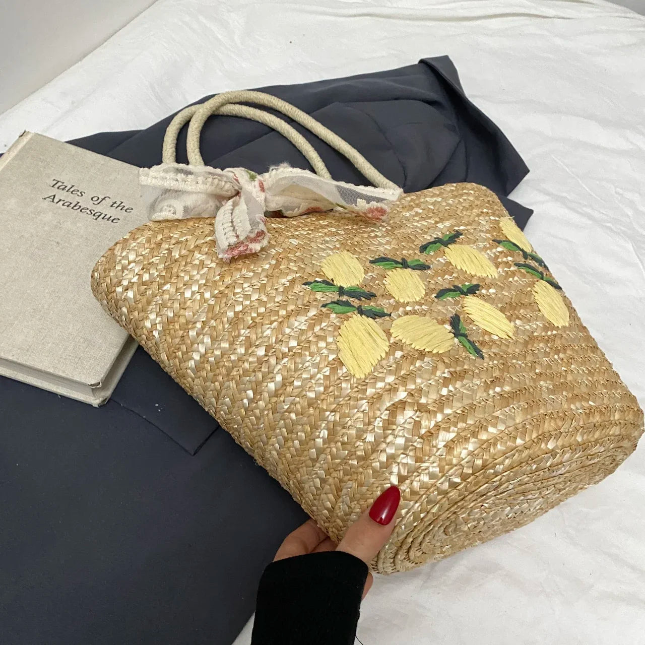 Sac de Plage en Paille Fait Main – Brodé & Bohème | Sac À Épaule Grande Capacité | Panier Rotin Été | S, M & L