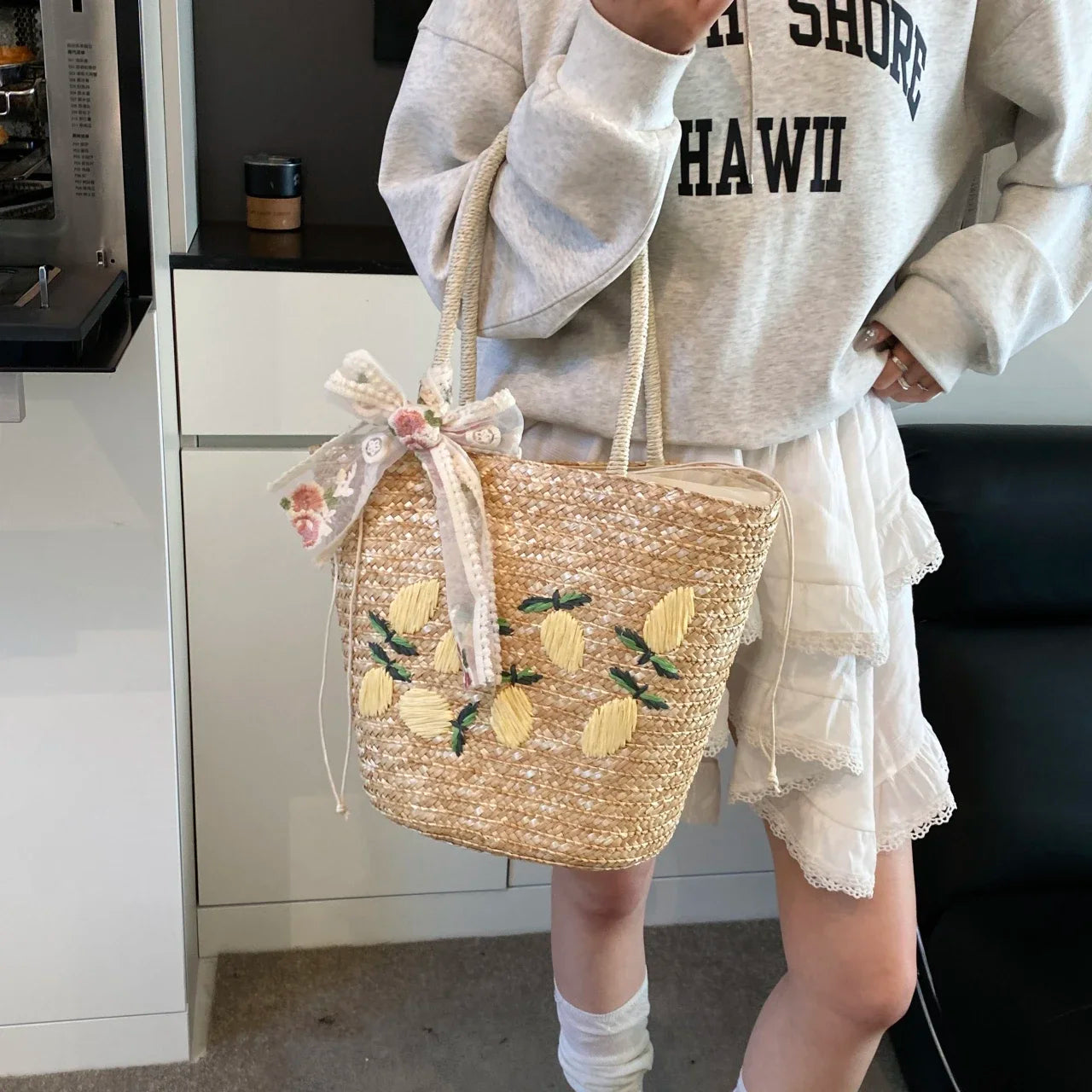 Sac de Plage en Paille Fait Main – Brodé & Bohème | Sac À Épaule Grande Capacité | Panier Rotin Été | S, M & L