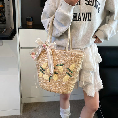 Sac de Plage en Paille Fait Main – Brodé & Bohème | Sac À Épaule Grande Capacité | Panier Rotin Été | S, M & L