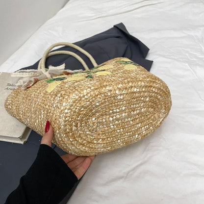 Sac de Plage en Paille Fait Main – Brodé & Bohème | Sac À Épaule Grande Capacité | Panier Rotin Été | S, M & L