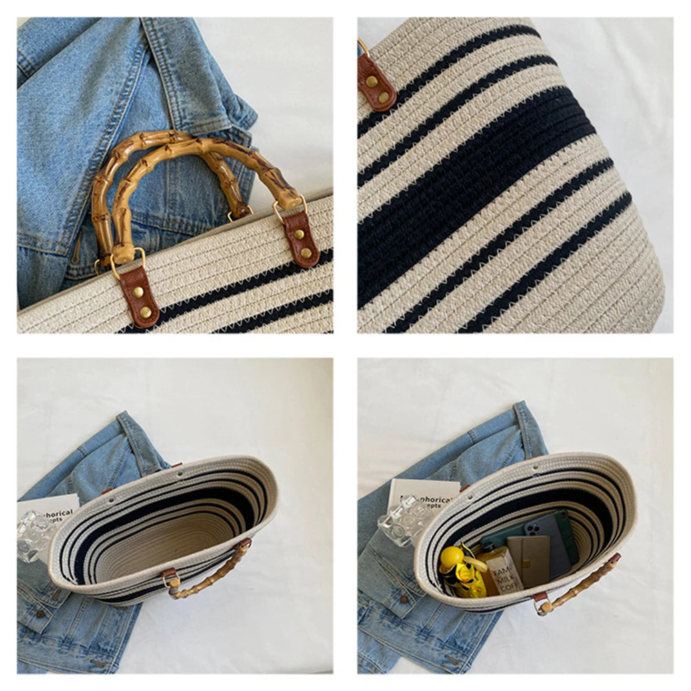 Women's Woven Bag with Bamboo Handle – Large Capacity, Striped, Ideal for Beach and Holidays