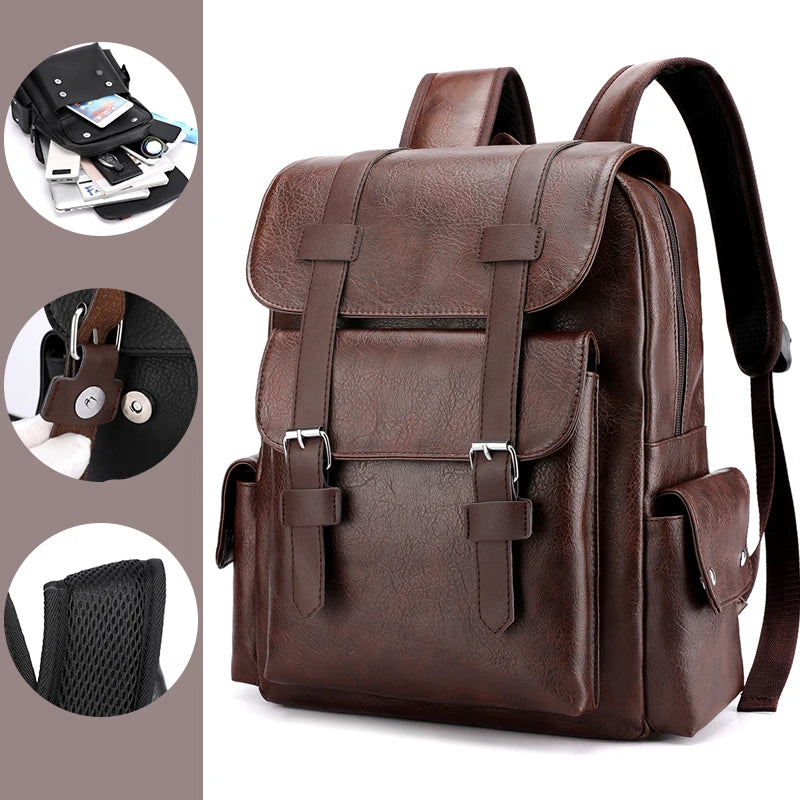 Men's PU Leather Backpack – Large Capacity, Laptop & Casual Style
