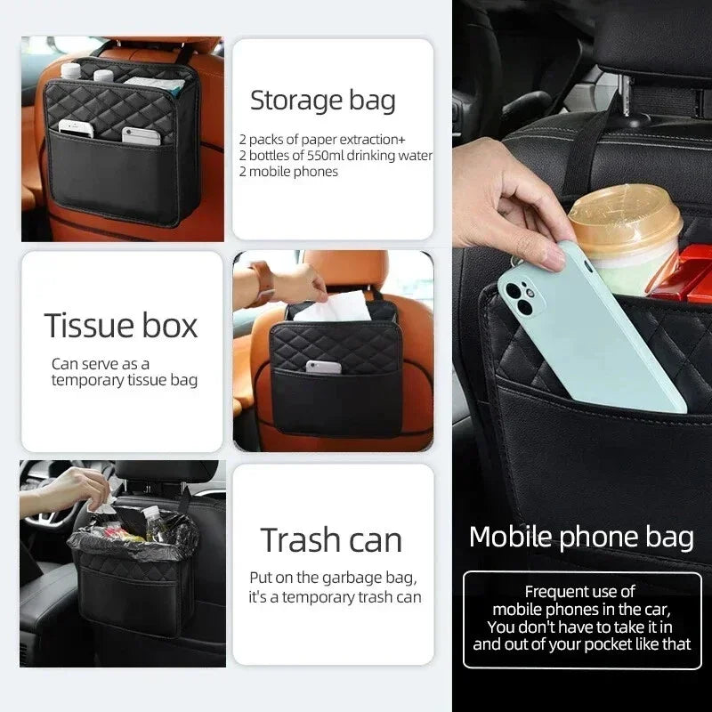 3-in-1 Leather Organizer Bag – Car Storage, Trash Can & Multi-Pocket Bag | Universal | Black