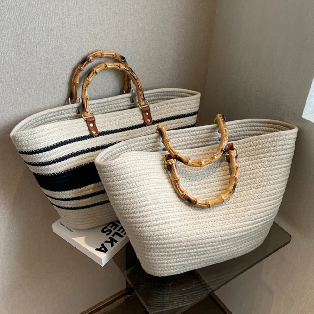 Women's Woven Bag with Bamboo Handle – Large Capacity, Striped, Ideal for Beach and Holidays