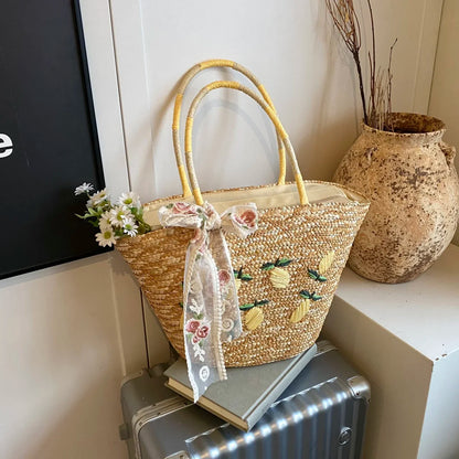 Sac de Plage en Paille Fait Main – Brodé & Bohème | Sac À Épaule Grande Capacité | Panier Rotin Été | S, M & L