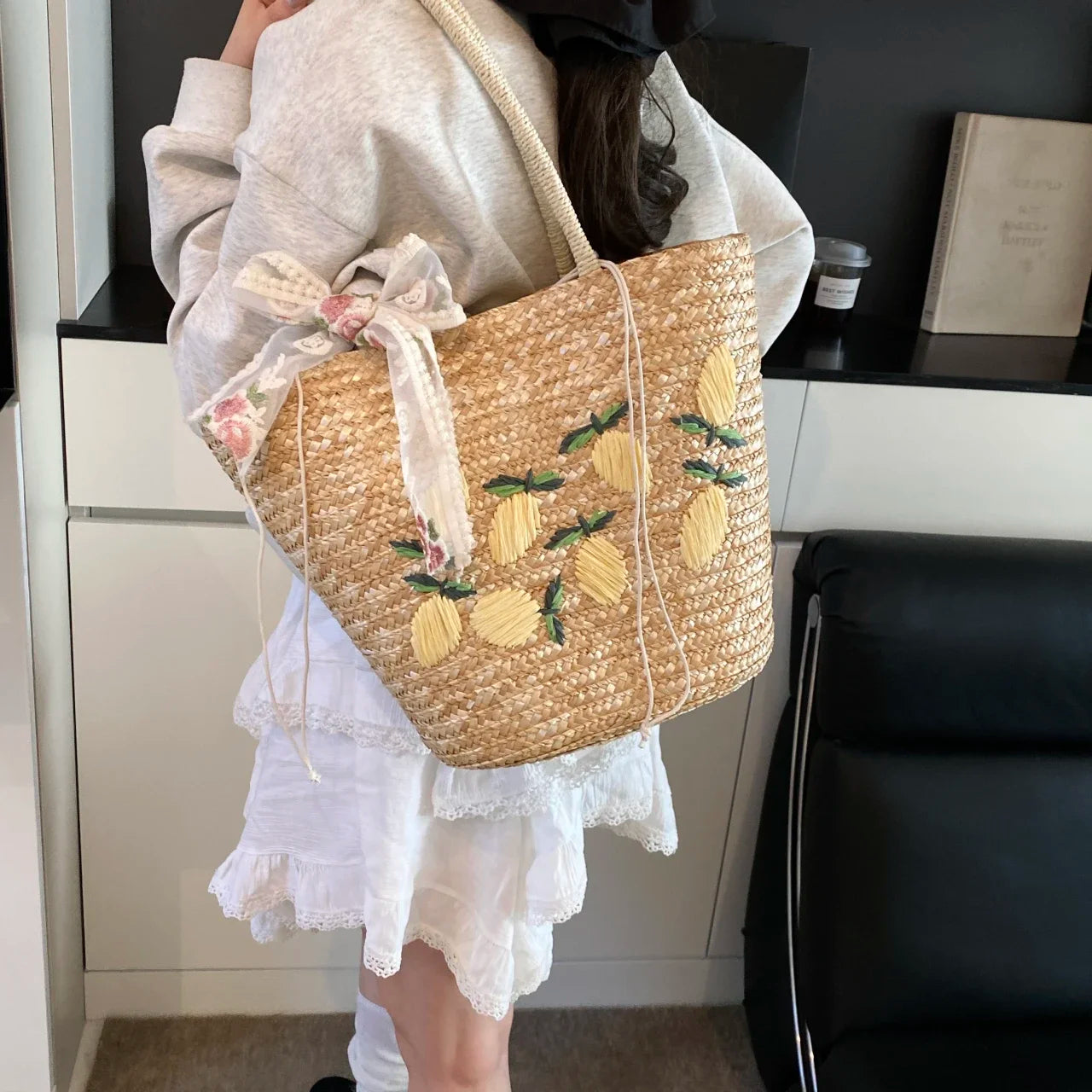 Sac de Plage en Paille Fait Main – Brodé & Bohème | Sac À Épaule Grande Capacité | Panier Rotin Été | S, M & L