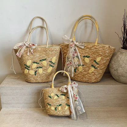 Sac de Plage en Paille Fait Main – Brodé & Bohème | Sac À Épaule Grande Capacité | Panier Rotin Été | S, M & L
