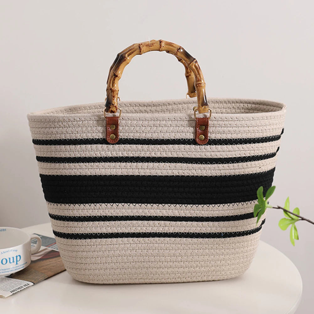 Women's Woven Bag with Bamboo Handle – Large Capacity, Striped, Ideal for Beach and Holidays
