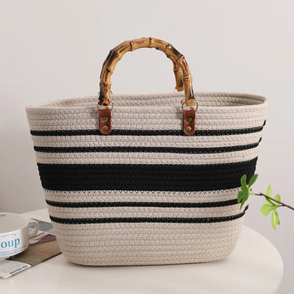 Women's Woven Bag with Bamboo Handle – Large Capacity, Striped, Ideal for Beach and Holidays