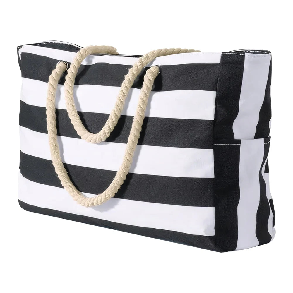 Grand Sac de Plage Rayé Impérméable – Tote Bag Zippé pour Femme, Piscine et Voyage