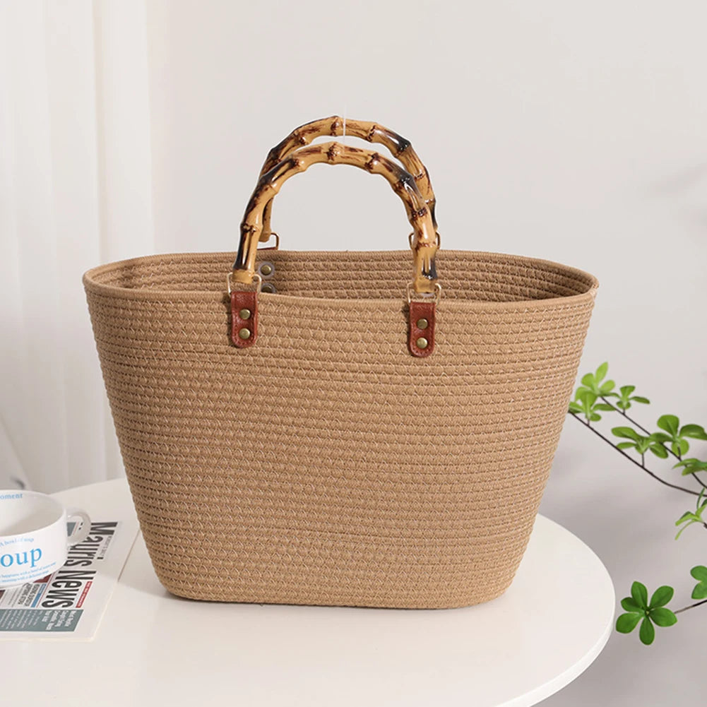 Women's Woven Bag with Bamboo Handle – Large Capacity, Striped, Ideal for Beach and Holidays