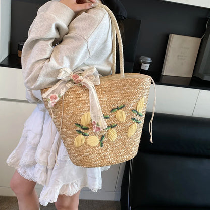 Sac de Plage en Paille Fait Main – Brodé & Bohème | Sac À Épaule Grande Capacité | Panier Rotin Été | S, M & L