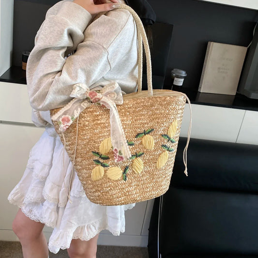 Sac de Plage en Paille Fait Main – Brodé & Bohème | Sac À Épaule Grande Capacité | Panier Rotin Été | S, M & L