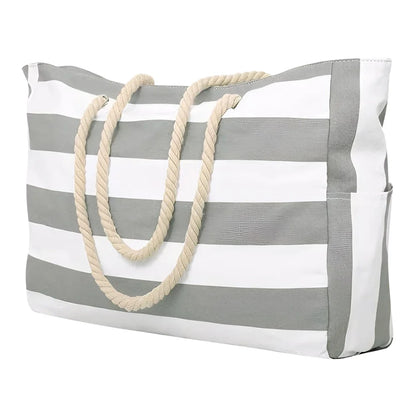 Grand Sac de Plage Rayé Impérméable – Tote Bag Zippé pour Femme, Piscine et Voyage
