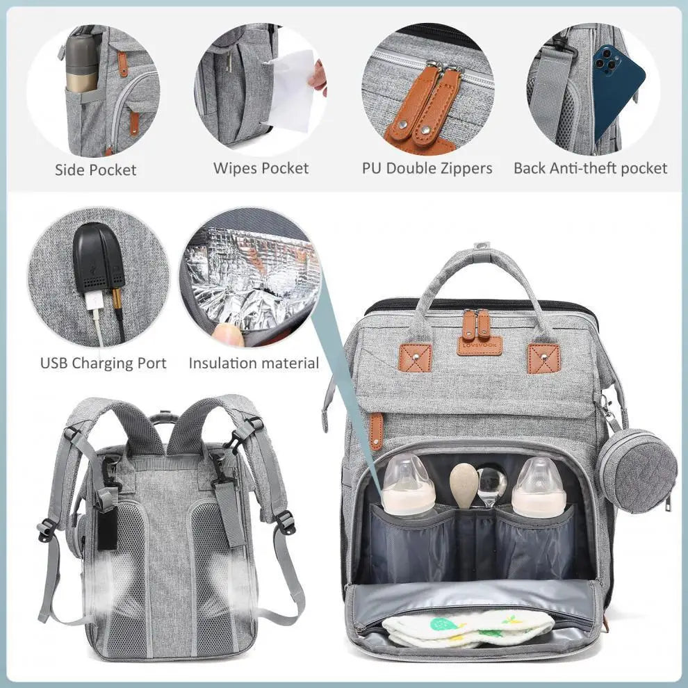 Sac à Dos Maternité 2-en-1 avec Lit de Bébé Intégré - Grande Capacité