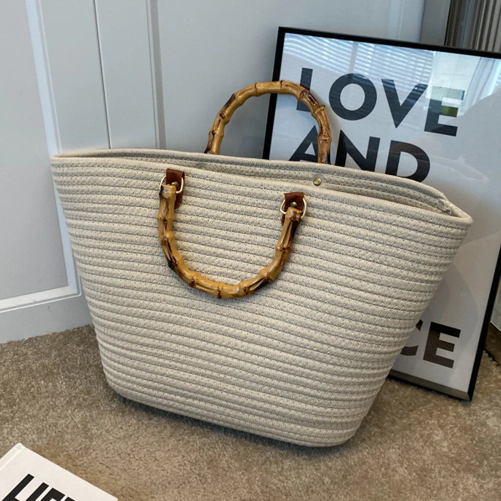Women's Woven Bag with Bamboo Handle – Large Capacity, Striped, Ideal for Beach and Holidays