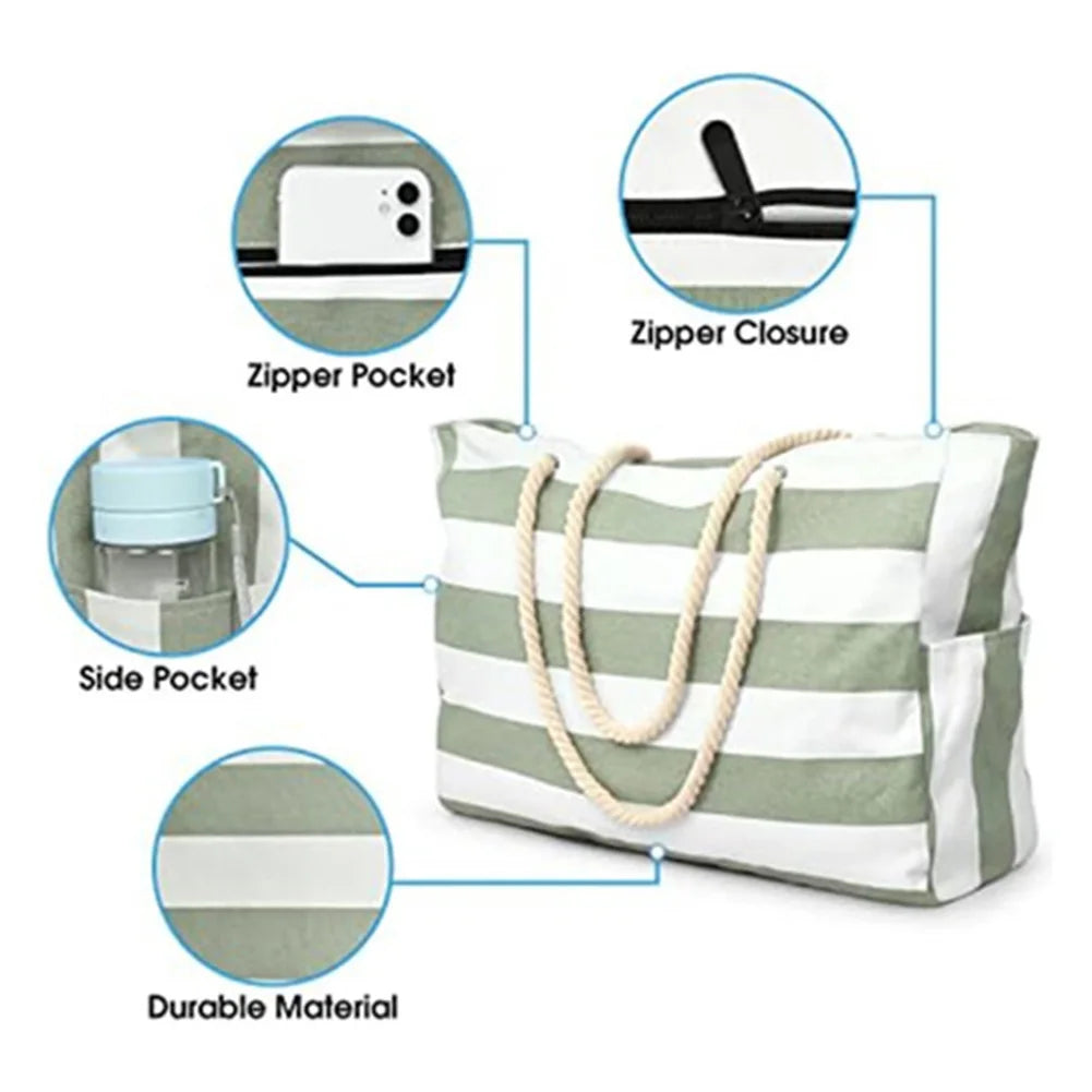 Grand Sac de Plage Rayé Impérméable – Tote Bag Zippé pour Femme, Piscine et Voyage