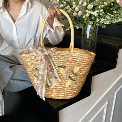 Sac de Plage en Paille Fait Main – Brodé & Bohème | Sac À Épaule Grande Capacité | Panier Rotin Été | S, M & L