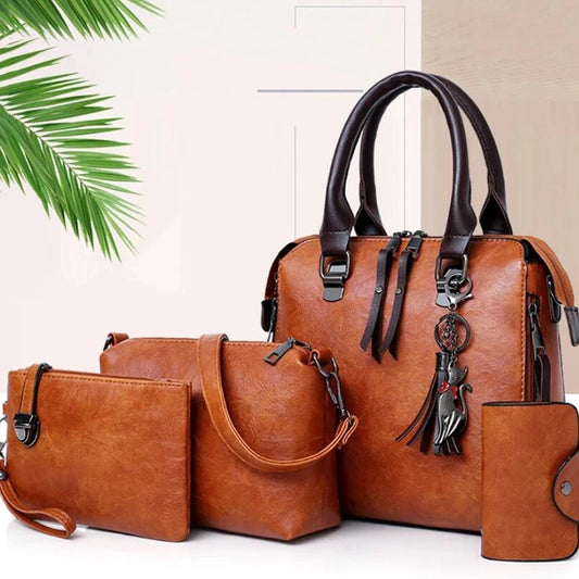 Ensemble Sac à Main Femme 4 Pièces - Cuir PU avec Pompon - Sac Bandoulière + Pochette
