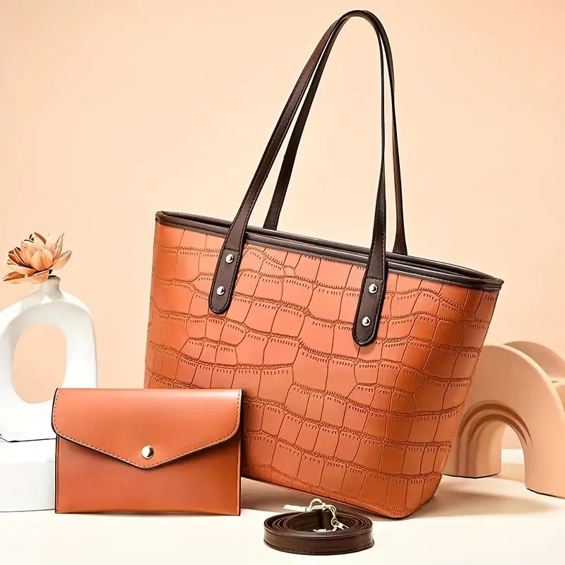 PU Leather Crocodile Pattern Tote Bag and Pouch Set
