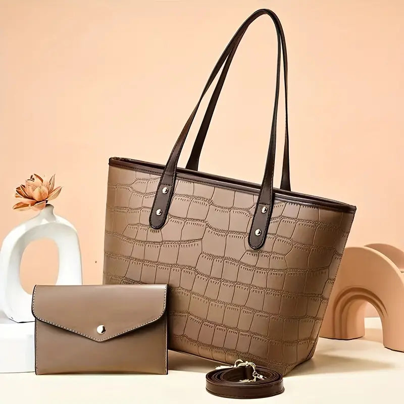 PU Leather Crocodile Pattern Tote Bag and Pouch Set