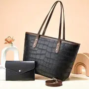 PU Leather Crocodile Pattern Tote Bag and Pouch Set