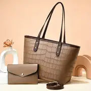 PU Leather Crocodile Pattern Tote Bag and Pouch Set