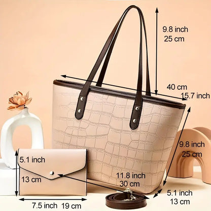 PU Leather Crocodile Pattern Tote Bag and Pouch Set